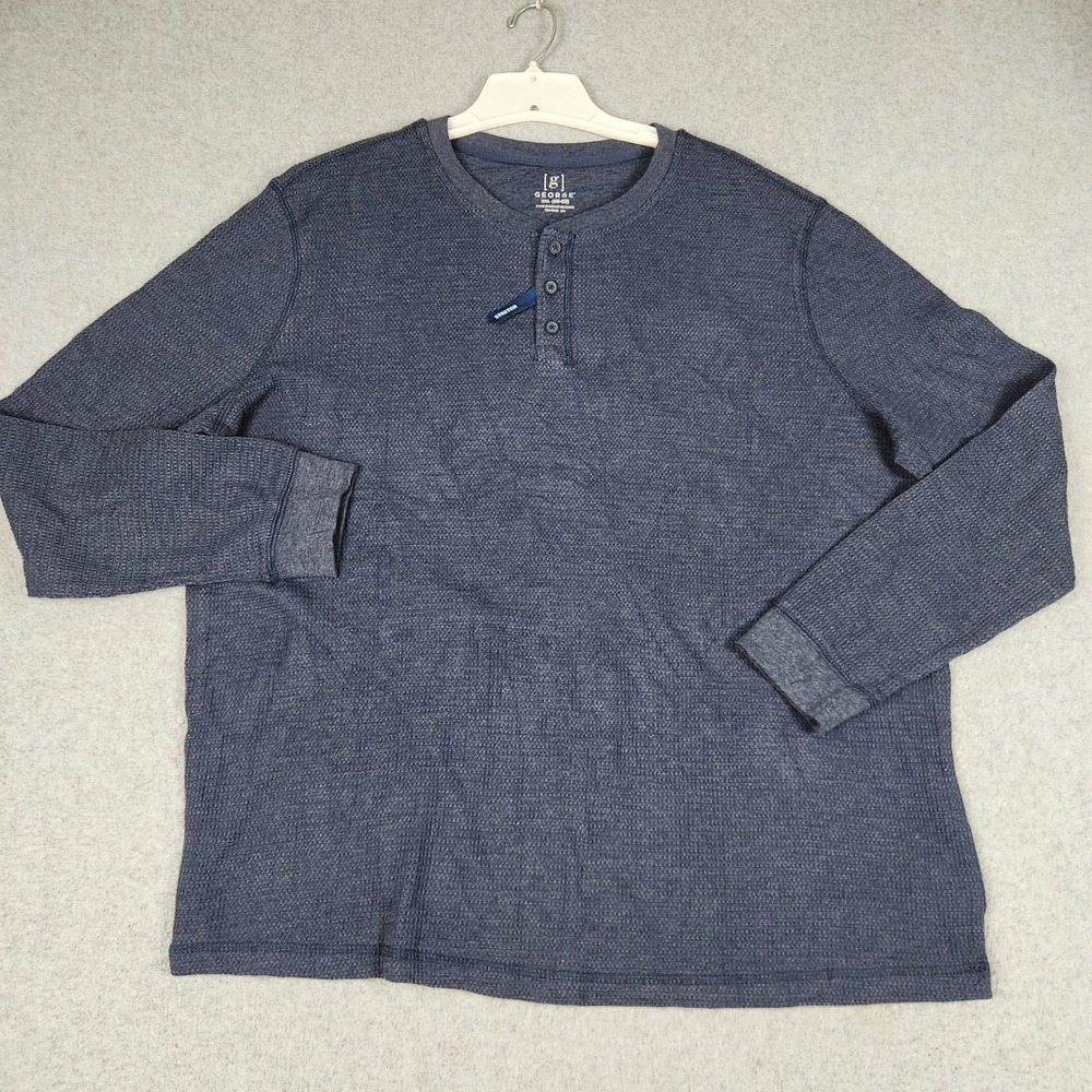 George Henley Shirt Mens 2XL Blue Thermal Waffle Knit Cotton Long Sleeve Stretch